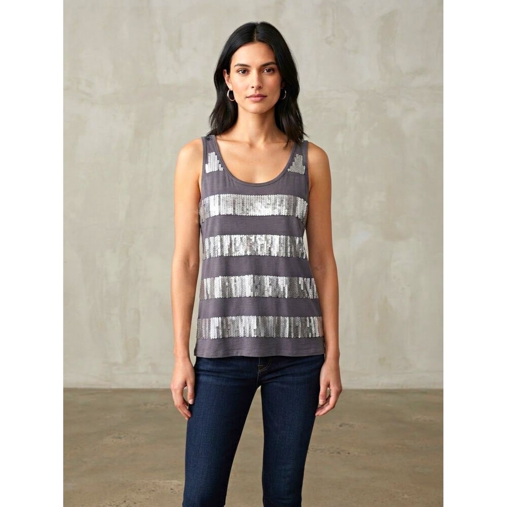 Gray Silver Sequin Striped Scoop Neck Tank Mob Wife Glam Night Life Rock